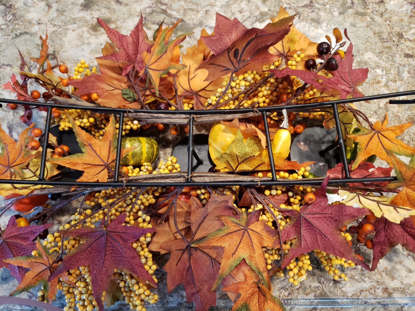 Thanksgiving/Fall Leaves Gourd Centerpiece 3 Candle Holder w/Berries 23”L X 6″H