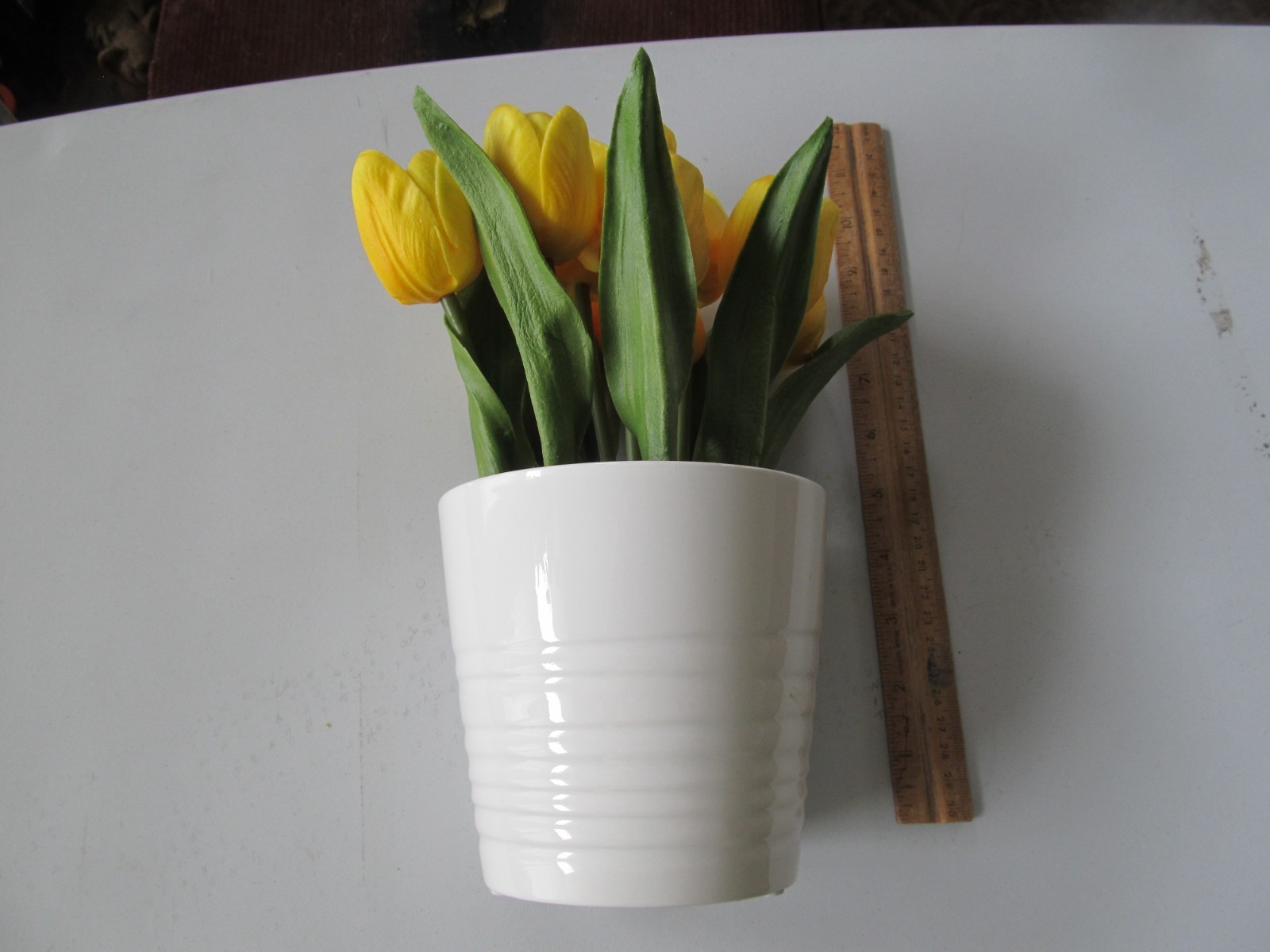 11 Faux Flowers Artificial Yellow Tulips with 5 Inch Ceramic Beige Vase