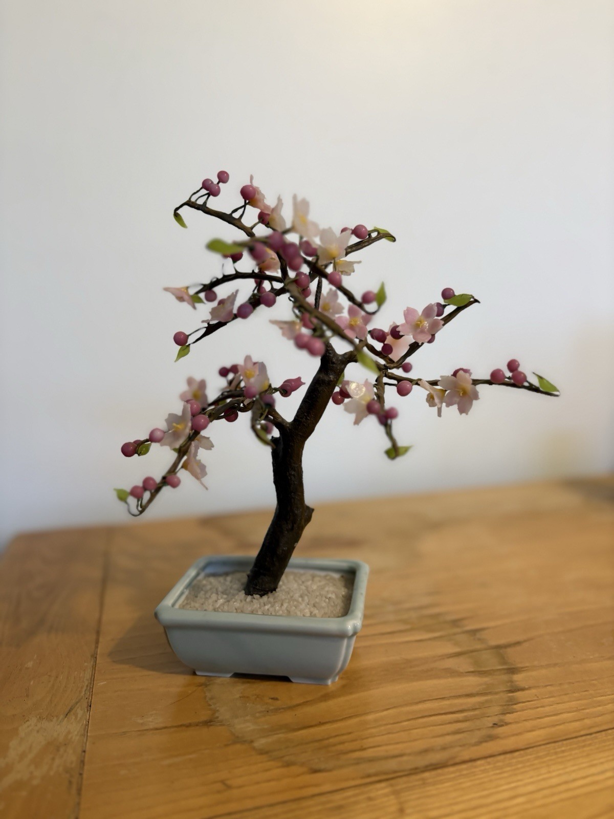 Vintage Cherry Blossom Bonsai Tree w/ Pink Blossoms & Berries Gray Planter
