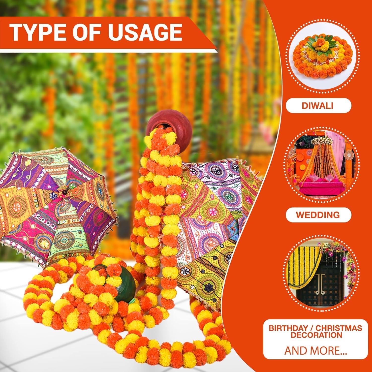 Artificial Marigold Garland for Decoration – 5 Pcs Artificial Genda Phool Str…