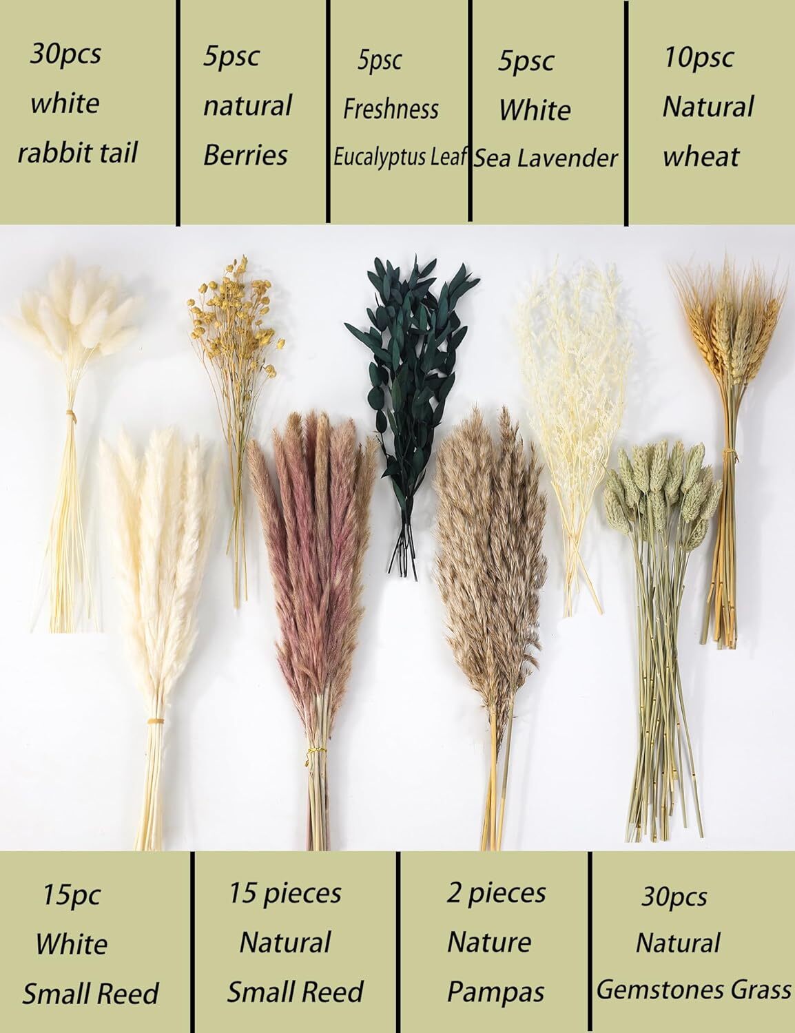 126Pcs Dried Pampas Grass Decorations, Dried Flowers, Dried Bouquet in Vase, Ree