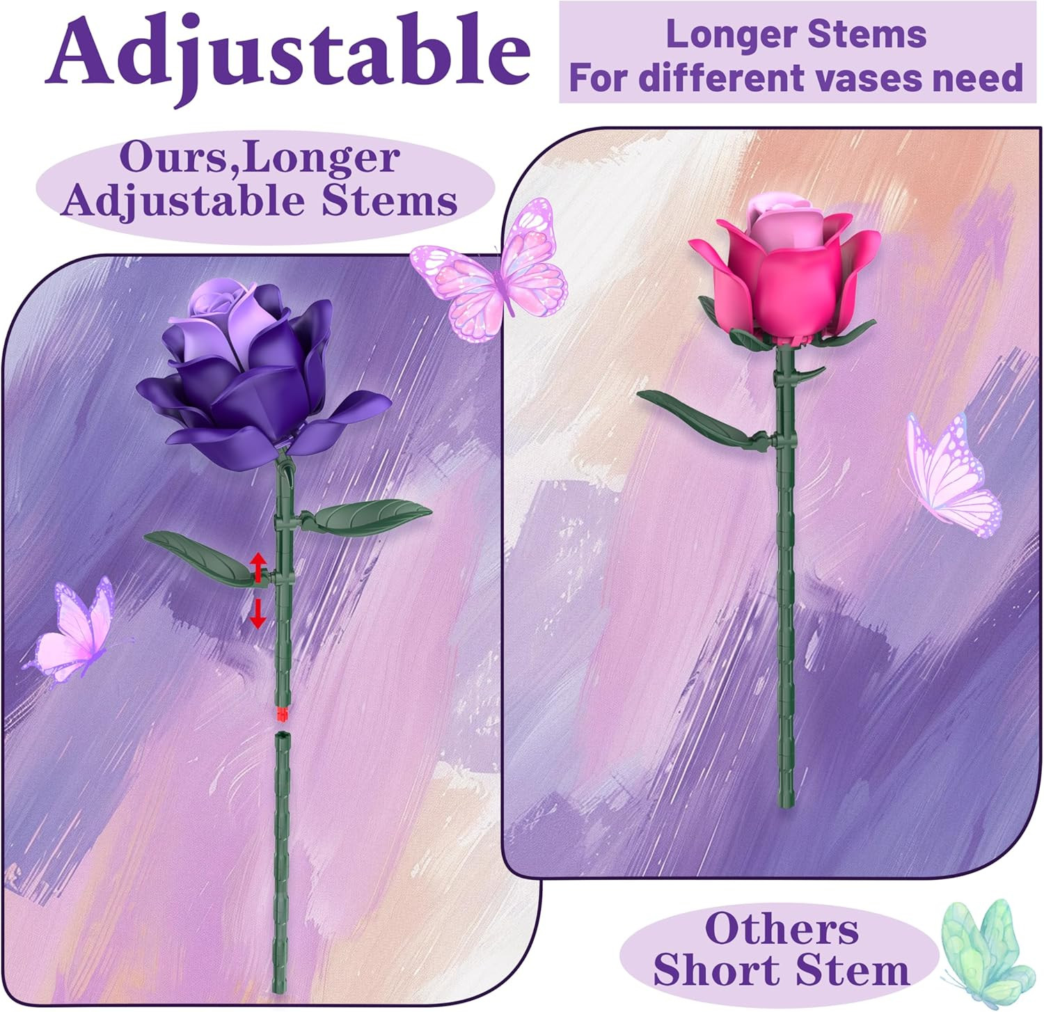 Purple Roses Flower Bouquet Building Sets, 834PCS Artificial Flowers Botanical C