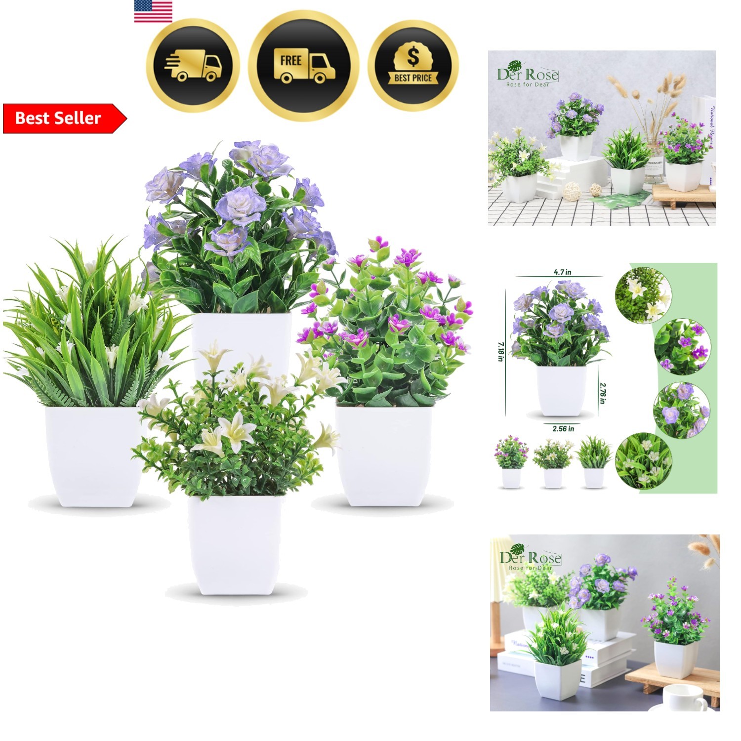 Mini Artificial Plants Indoor Faux Flowers Set 4 Pack Home Office Decor