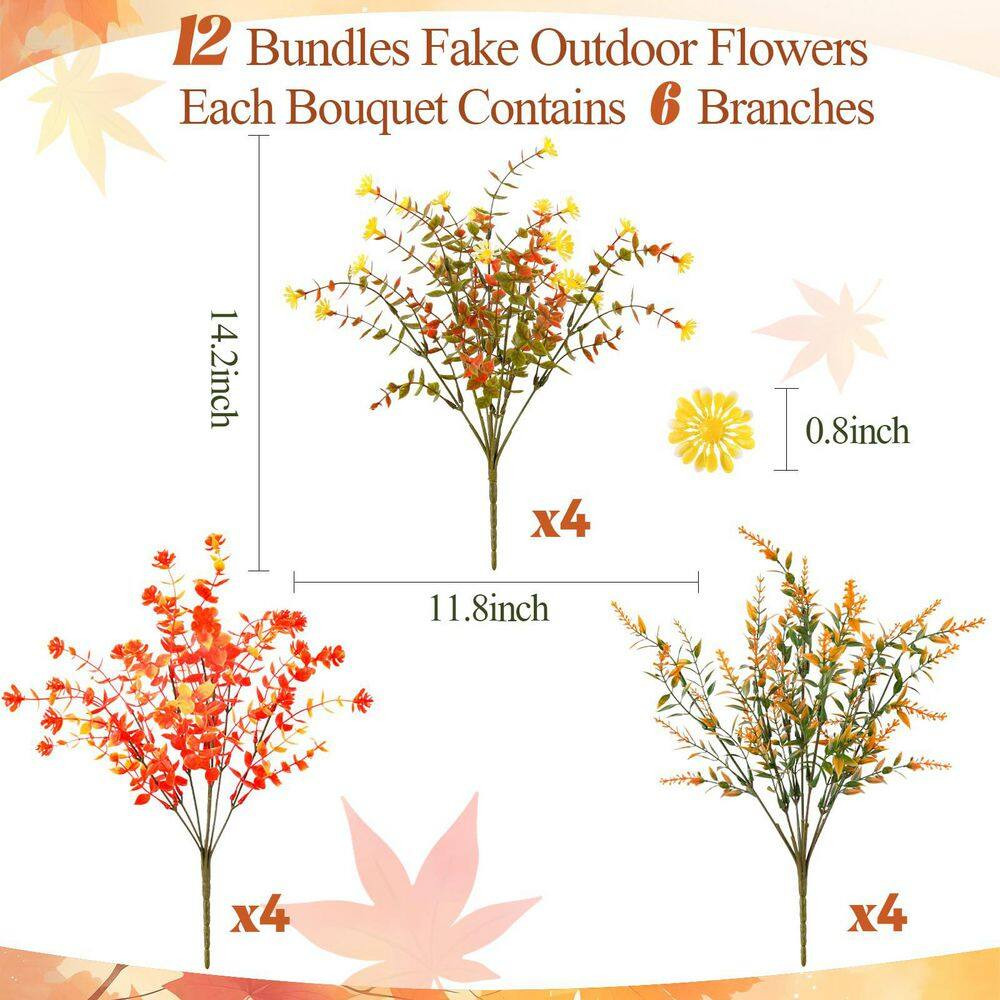 1 In. H Orange Artificial Mums 12-Bundles UV Resistant Fake Flowers for Outdoor