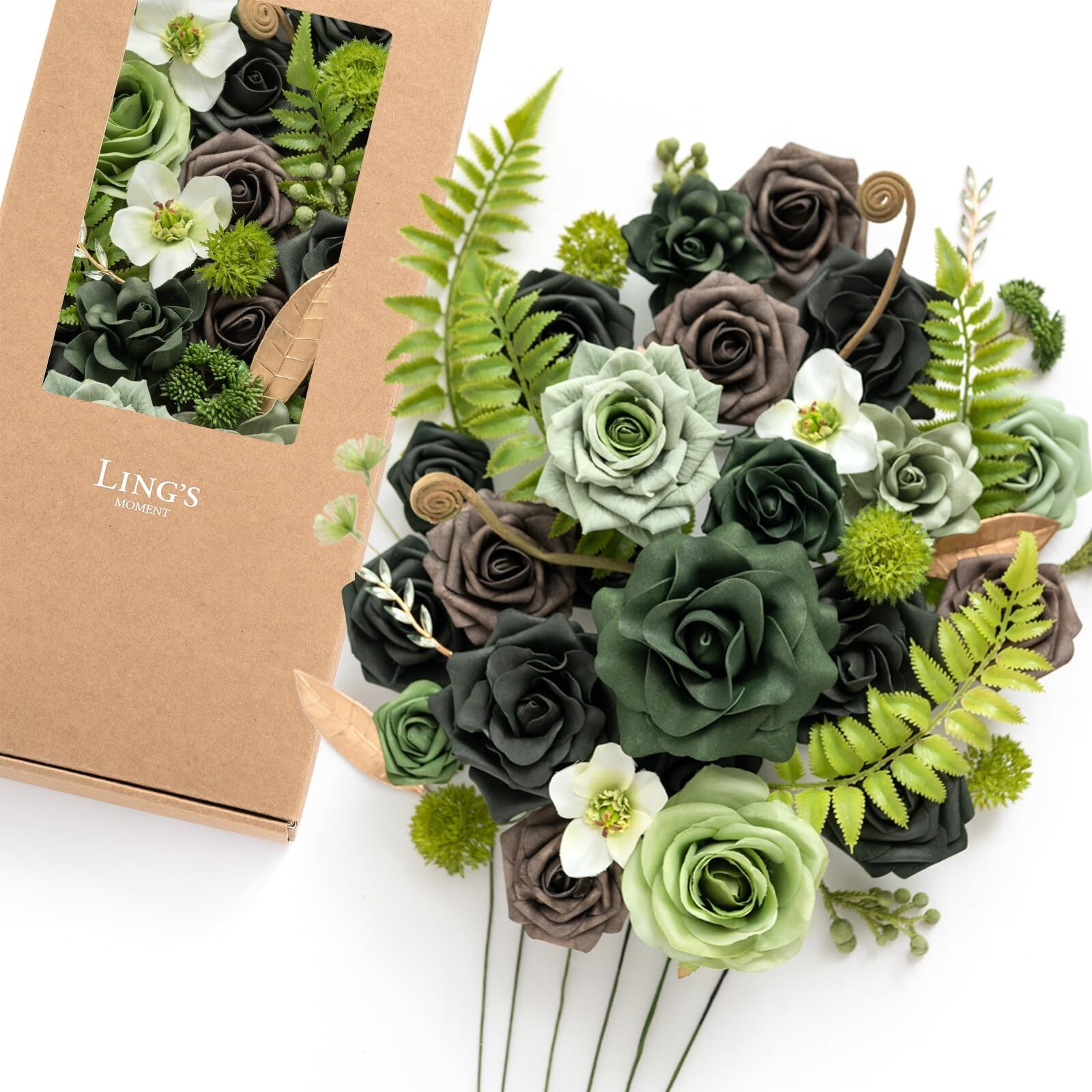 Ling’s Moment Fake Flowers Box, Artificial Faux Greenery Stems Silk Roses Foa…