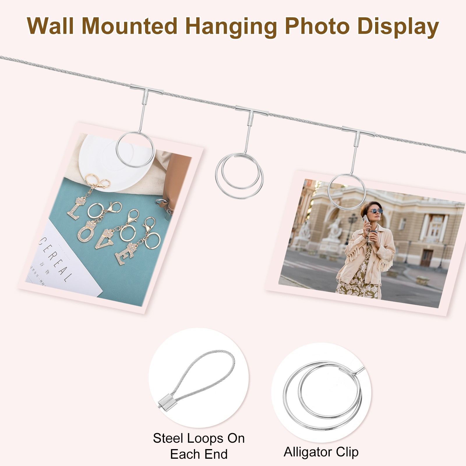 5Ft Wall Hanging Photo Display Cable Wire Rod with 12 Round Clips, Silver