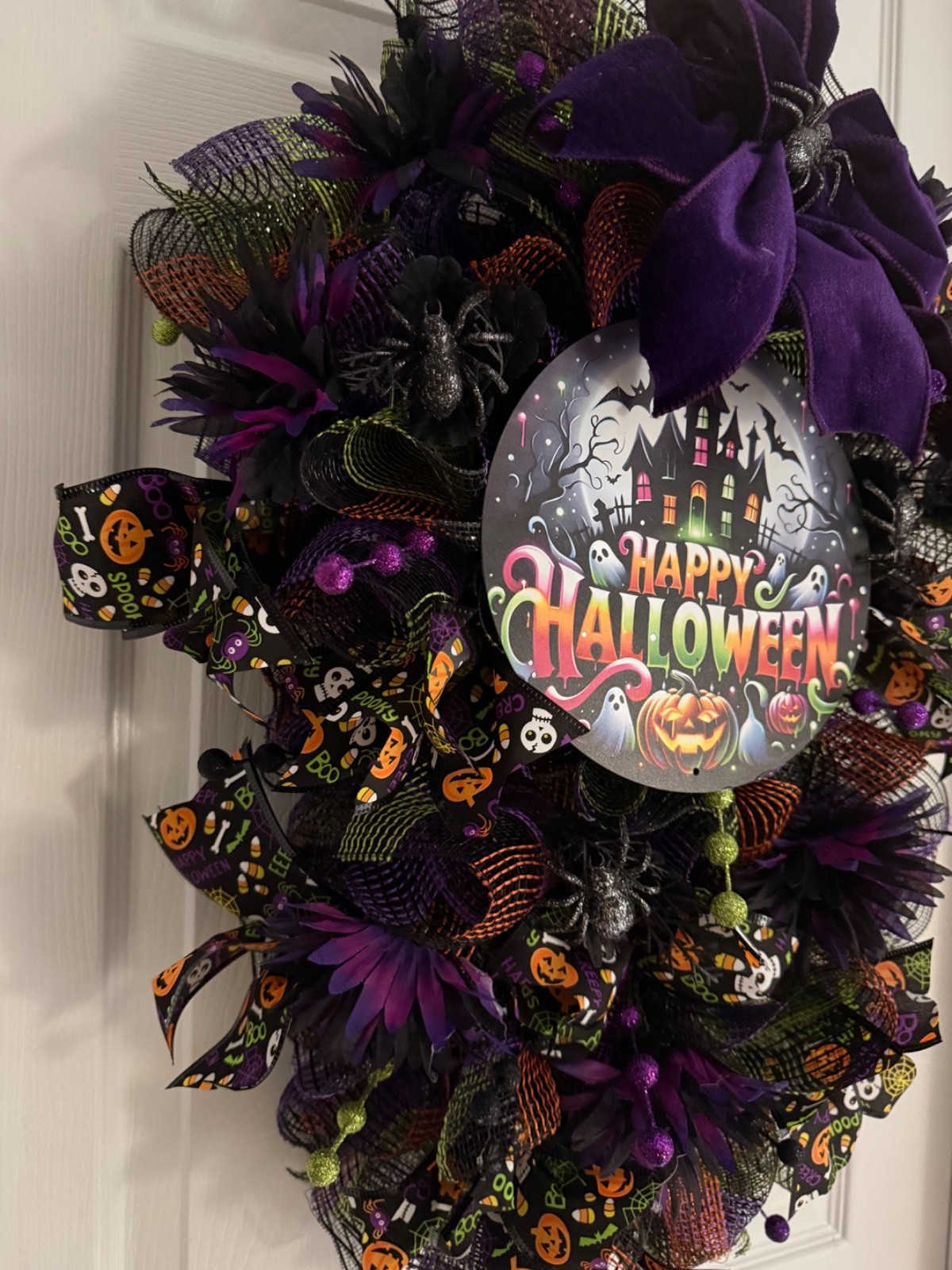 Handmade Halloween Deco Mesh Wreath | Happy Halloween Door Wreath | Purple/black