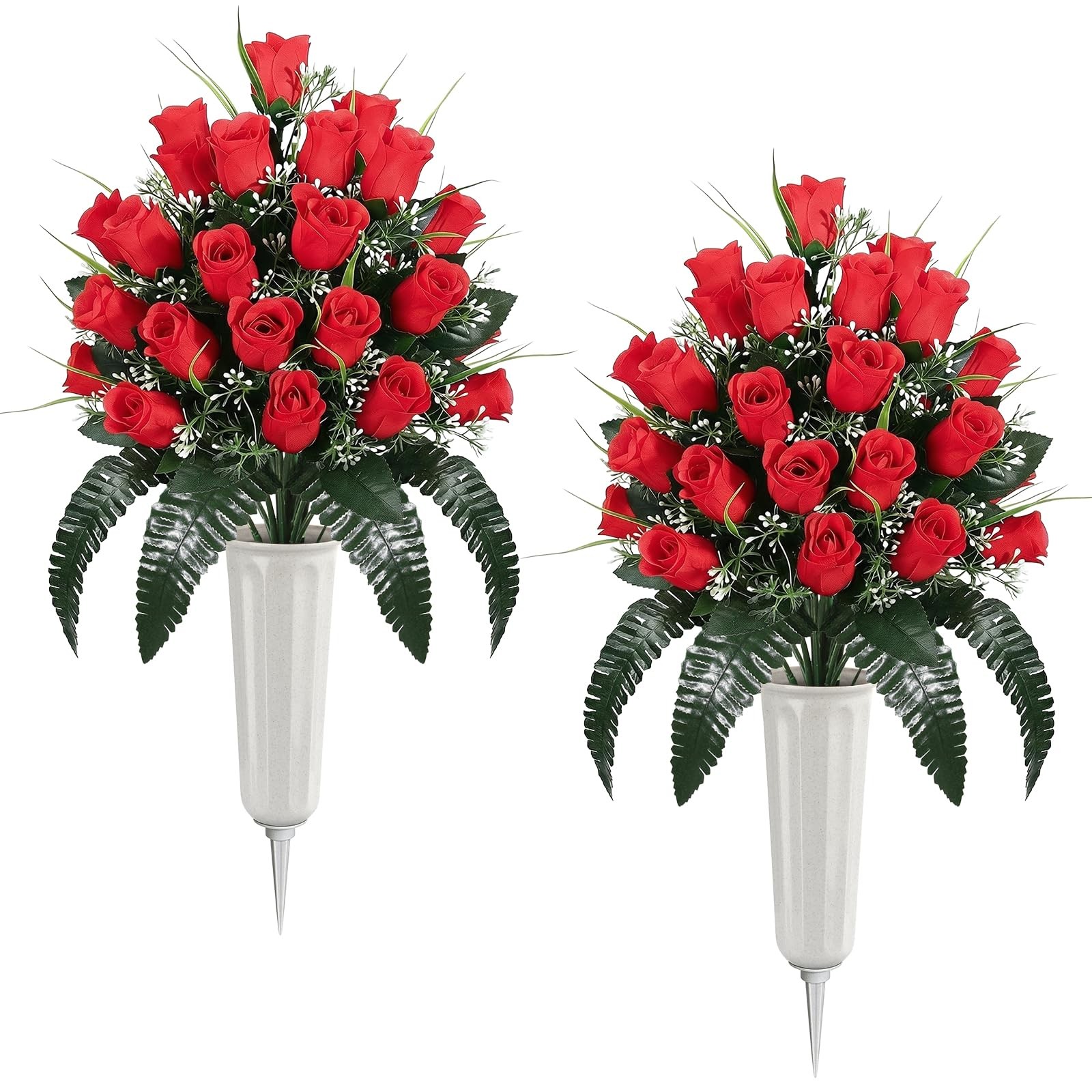 Lewondr Artificial Cemetery Flowers with Vase, 2 Sets Outdoor Grave Decoratio…