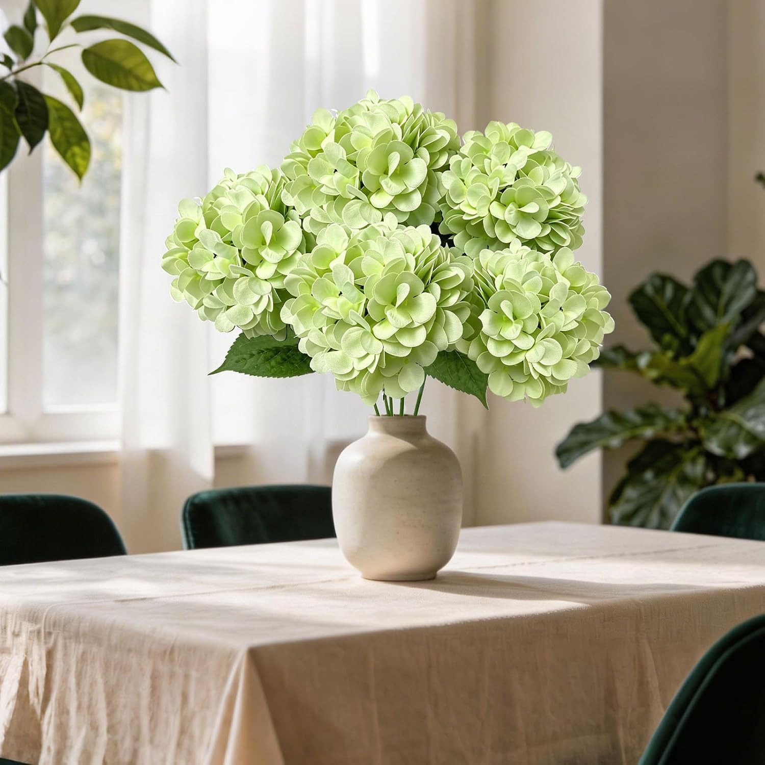 Lifelike UV Resistant Green Silk Hydrangea Flowers – 2 Pcs for Home Decor