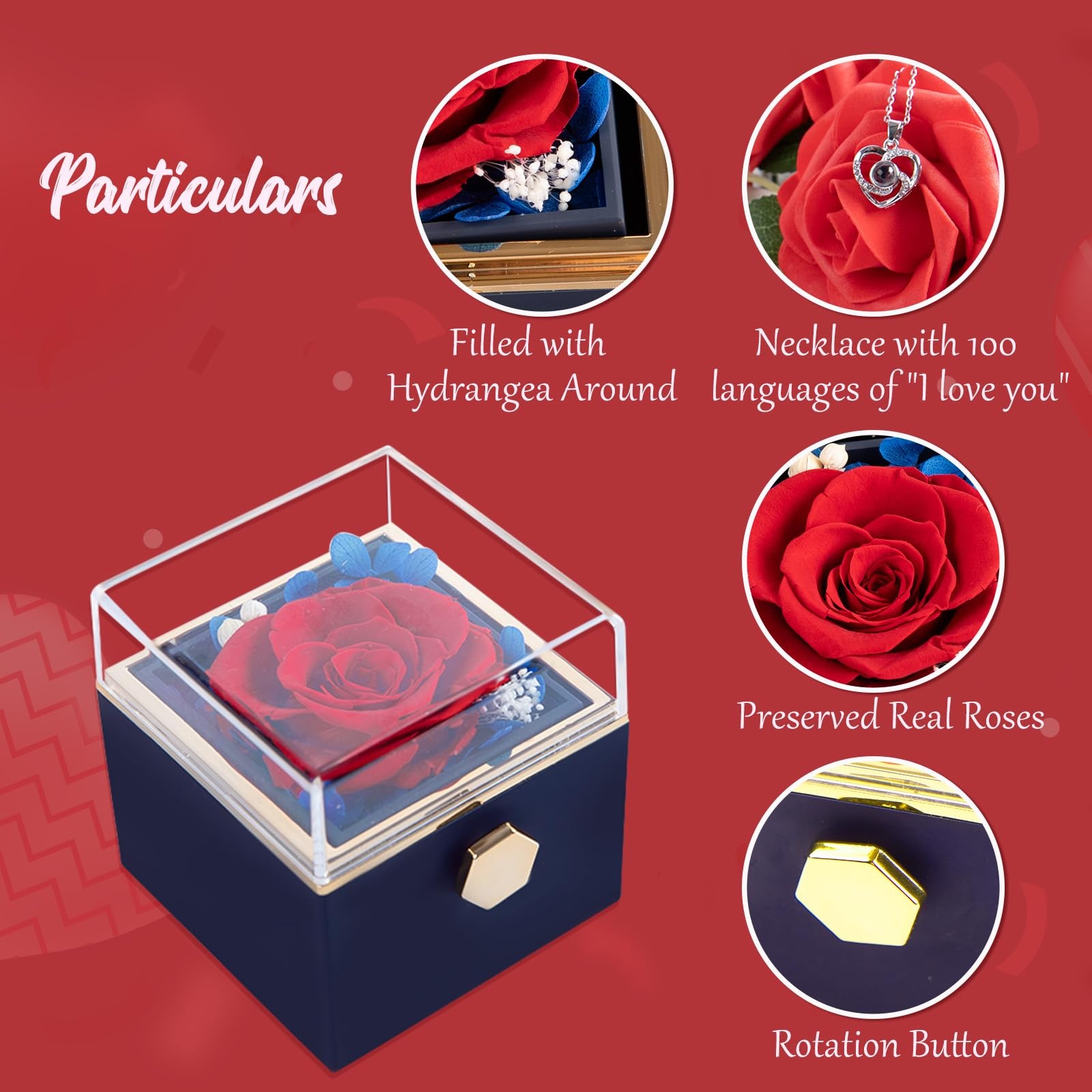 Preserved Real Red Forever Rose Rotating Box with I Love You Necklace 100 Lan…