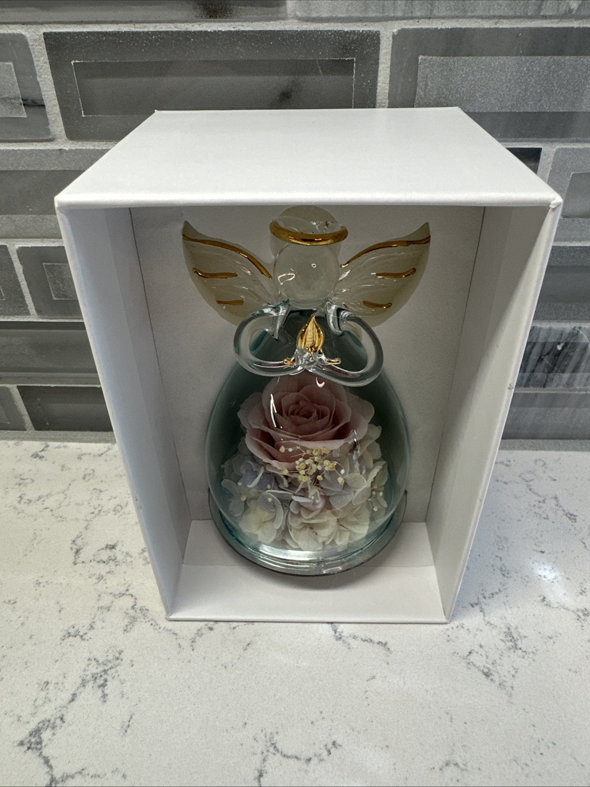 ANLUNOB Mother’s Day/Birthday Gift Glass Praying Angel w/Pink Rose Flower EUC!