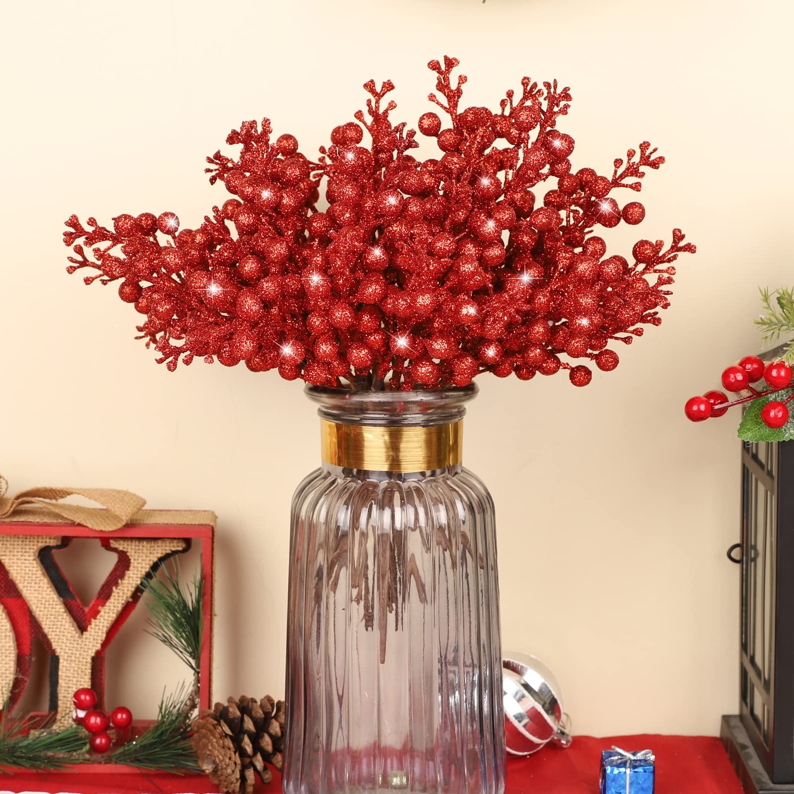 36Pcs Christmas Glitter Berries Stems, 9.5 Inch Artificial Christmas Tree Pic…