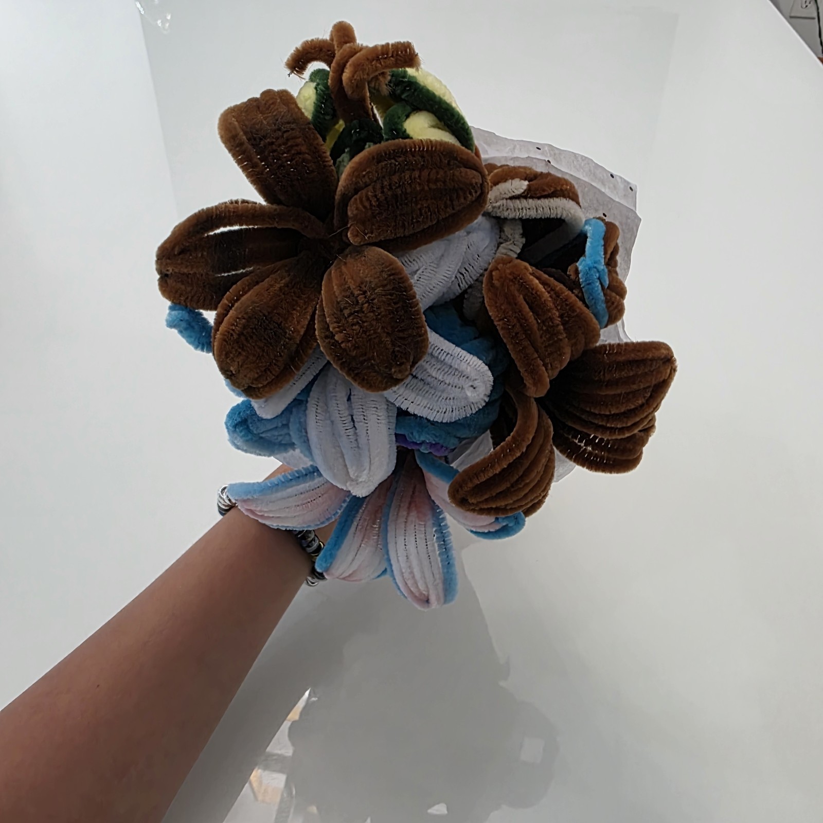 Handmade Pipe Cleaner Flower Bouquet, White Paper Wrap Brown/Blue/White