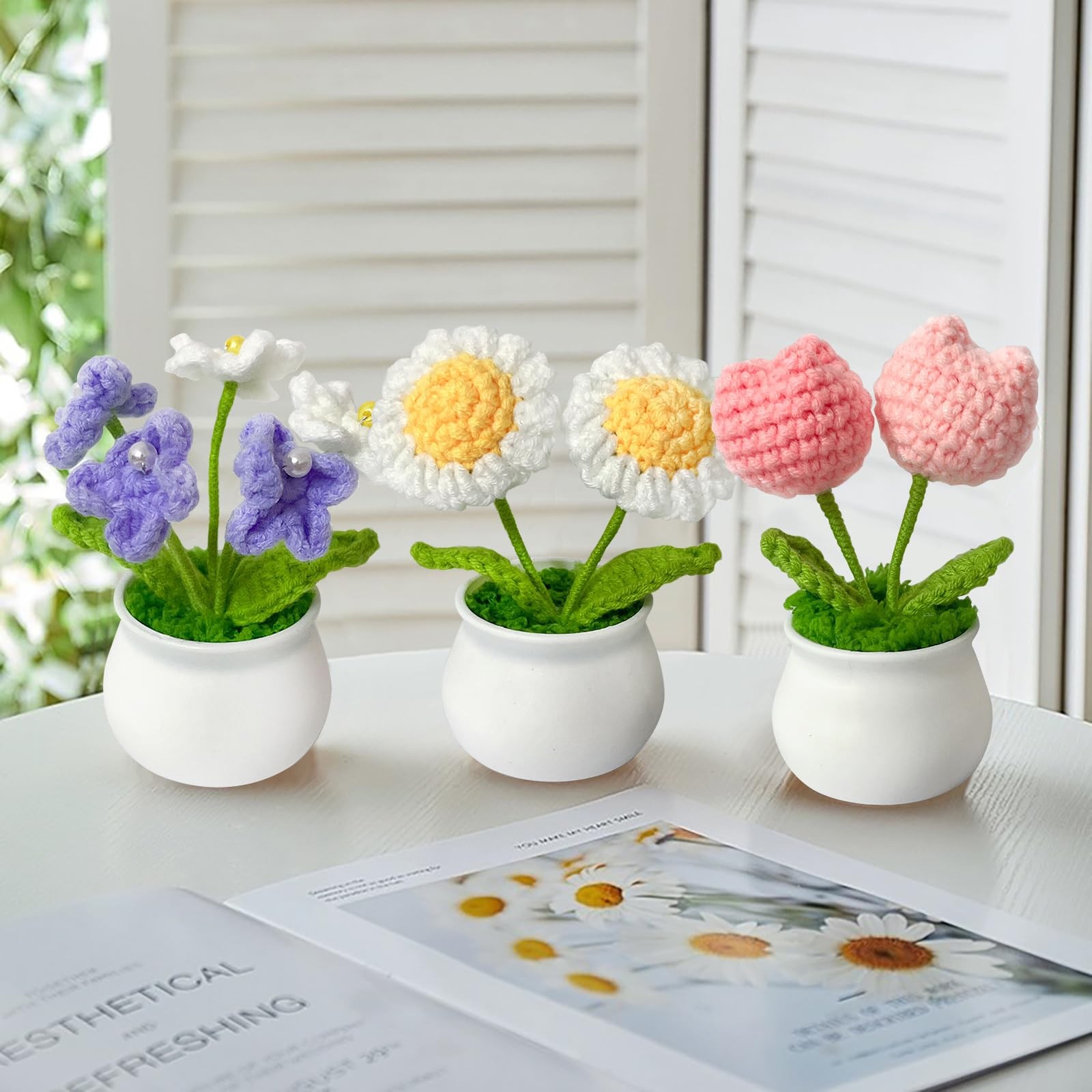 3 PCS Crochet Flower Pot Daisy Tulips Forget Me Not Desk Decor Mothers Day