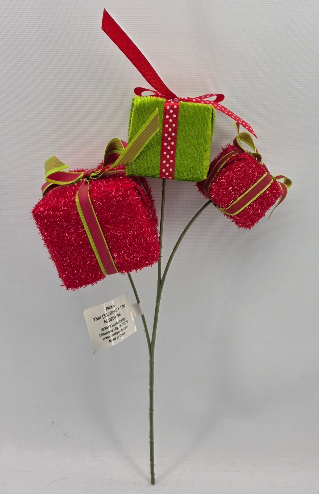 Grinch Green and Red Gift Box Picks Lot of 2 Stems 13″ Long Presents