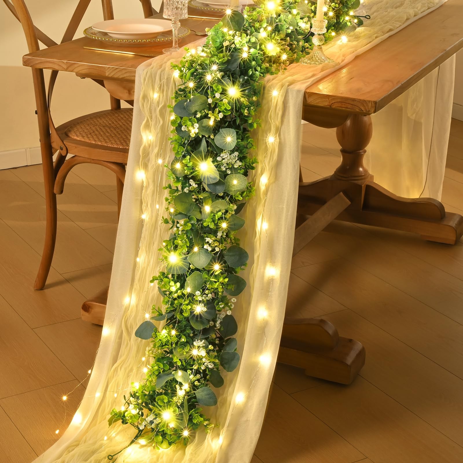 2Pcs Eucalyptus Garland with Lights, Greenery Garland, Green Garland with Flo…
