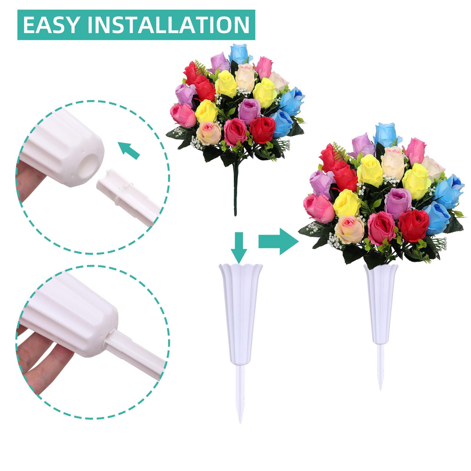 Artificial Cemetery Flowers,Set of 2 Grave Decorations Roses, Tombstone Memor…