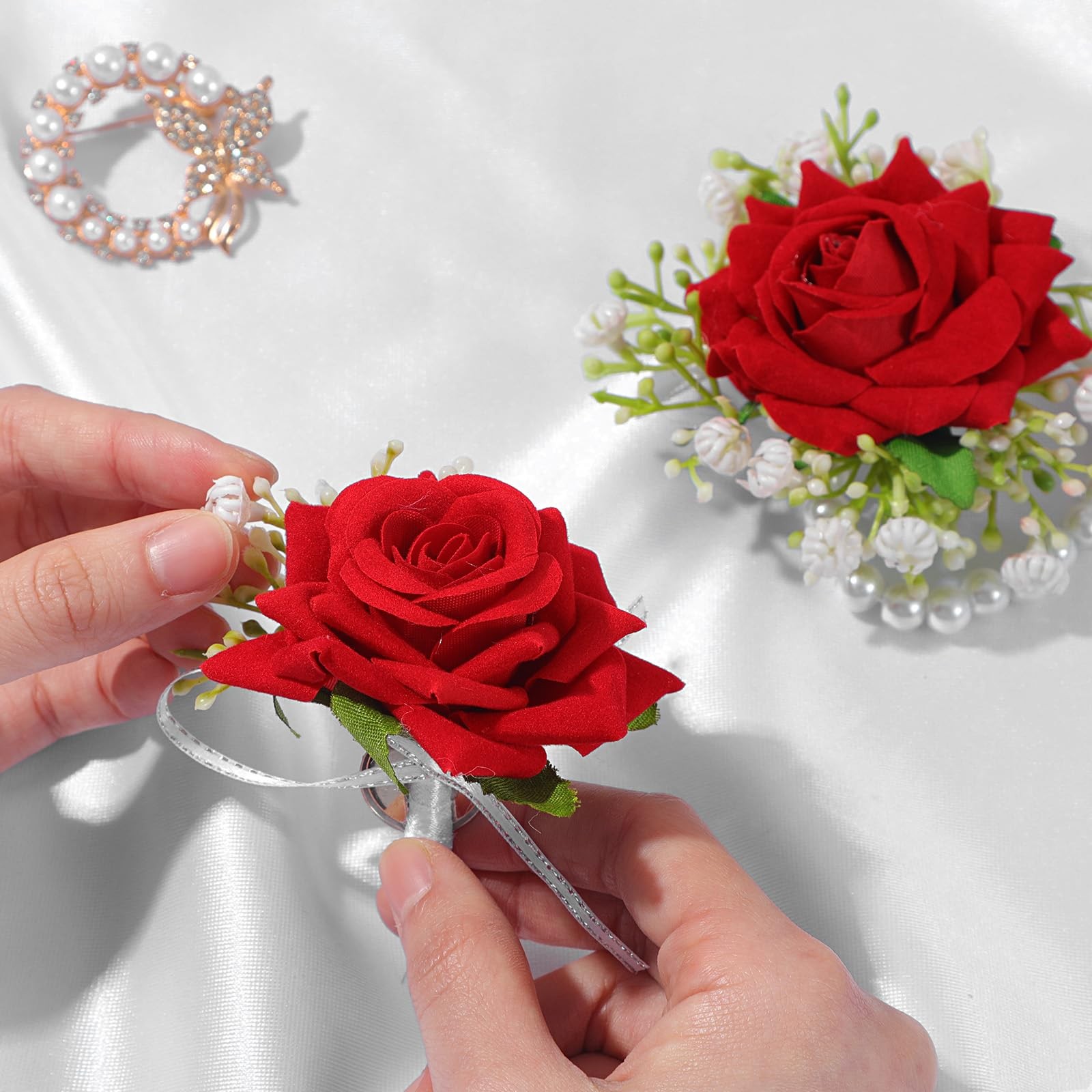 2 PCS Red Rose Corsage Set Pearl Hand Flower Wrist Wedding Prom Bridesmaid