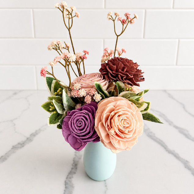 Sola Wood Flower Arrangement Blue Ceramic Vase Gift for Her Mom Home Decor