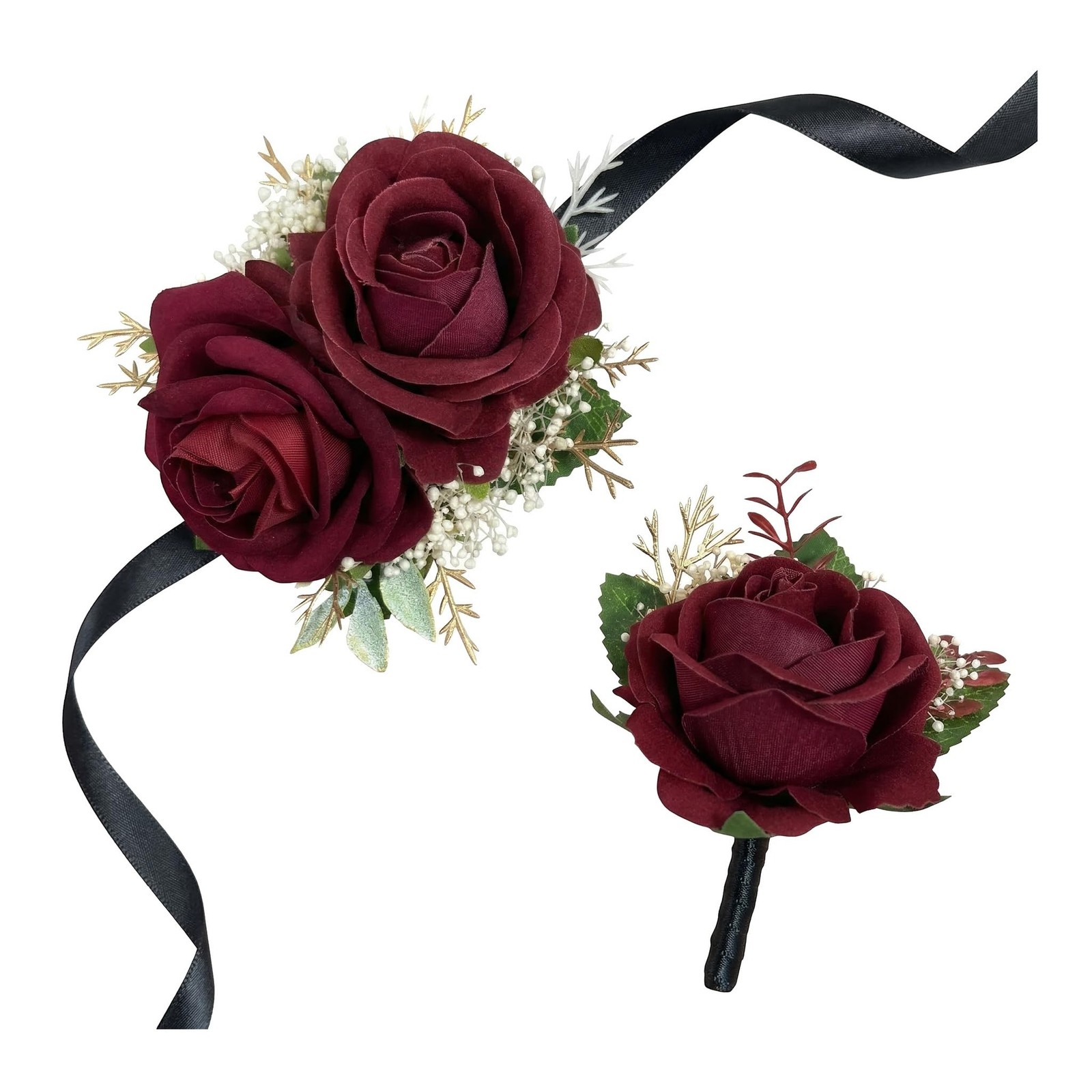 Burgundy Rose Corsage Boutonniere Set Baby’s Breath Wedding Prom Decorations