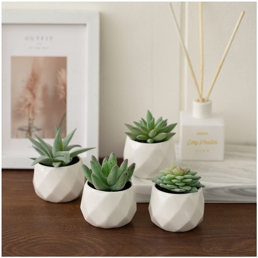 4 Pack Fake Succulent Plant Set, Mini Artificial Ceramic Pots, Green Desk Decor