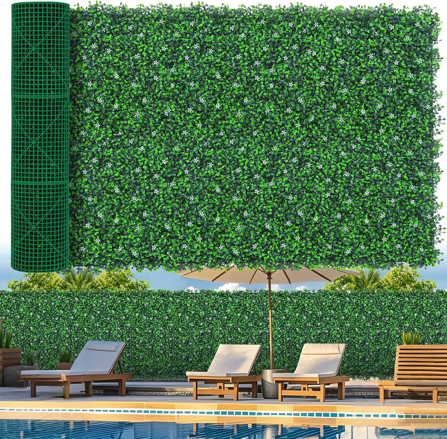 Artificial Boxwood Roll Panels with Flowers – UV-Resistant Privacy Fence Screen