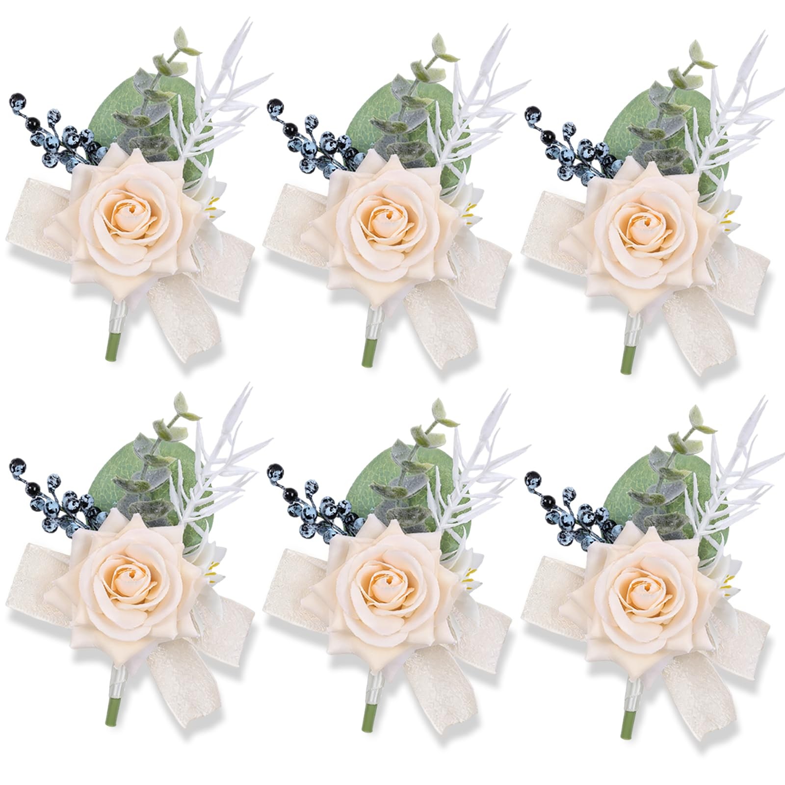 6Pcs Champagne Boutonnieres for Men Faux Rose at Formal Wedding