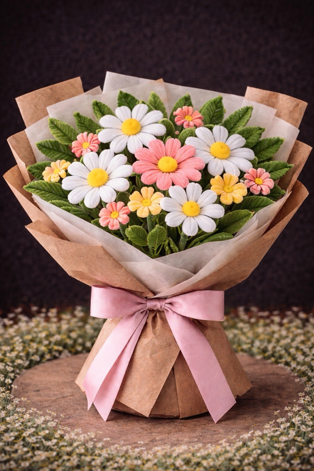 Artificial Daisy Flower Bouquet White Pink Yellow Green with Pink Ribbon