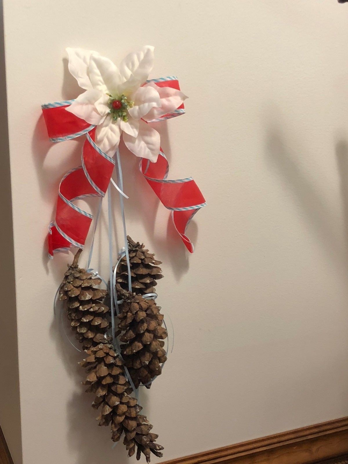* Christmas Pinecone Tear Drop Door Swag Wreath White Poinsettia Red bow