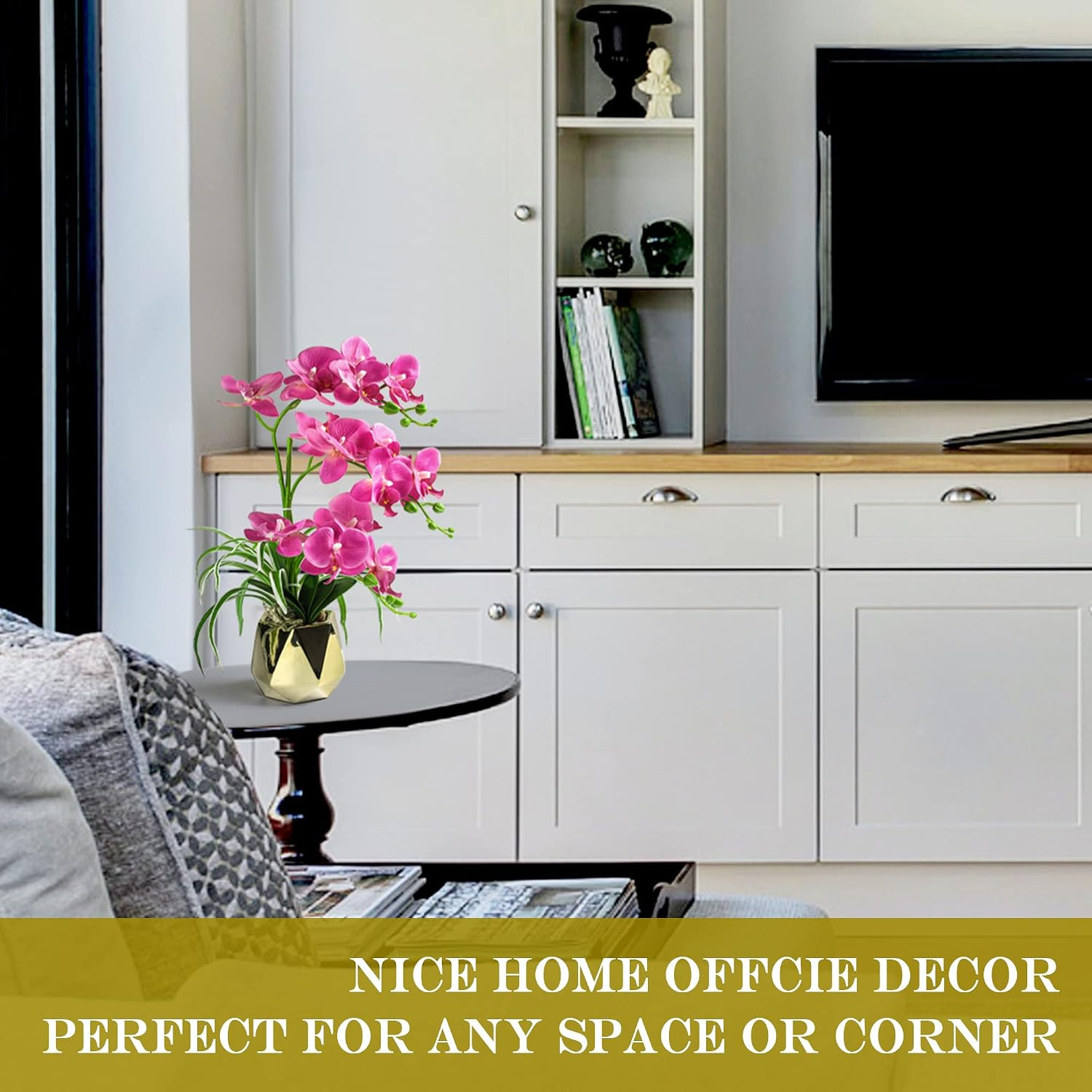 Fuchsia Artificial Orchids in Gold Vase | Elegant Home Decor Plant
