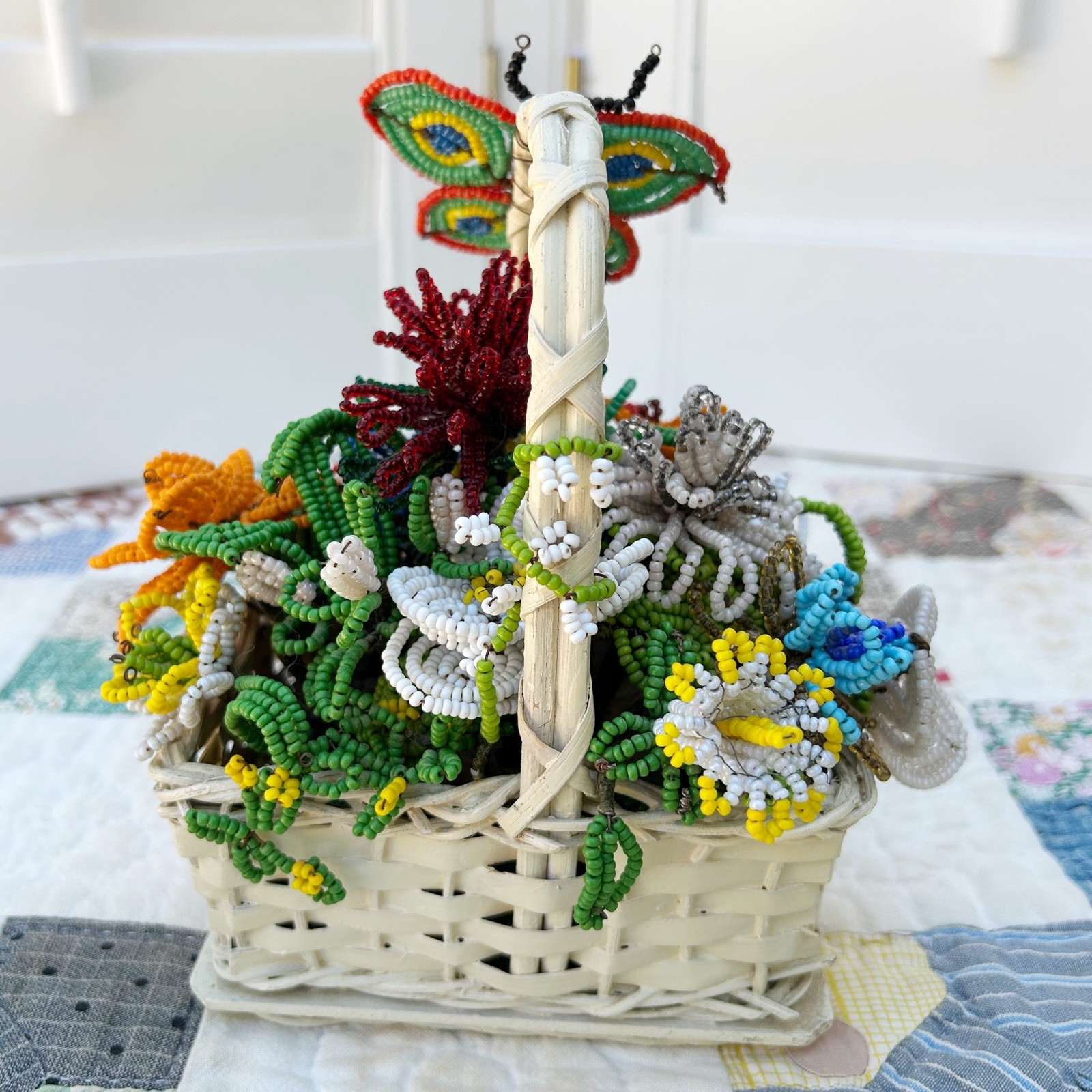 Vintage French Glass Beaded Wire Flower Bouquet Basket Colorful Arrangement