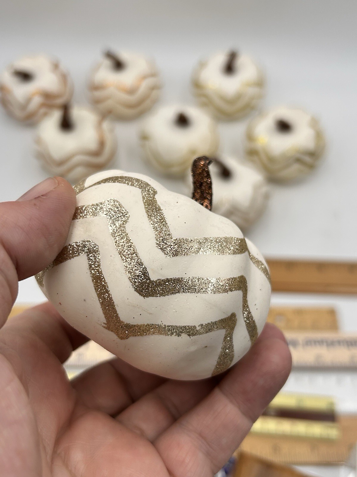 Artificial Faux Pumpkins, 8 PCS White Lifelike Zig Zag Gold/Bronze Paint Glitter