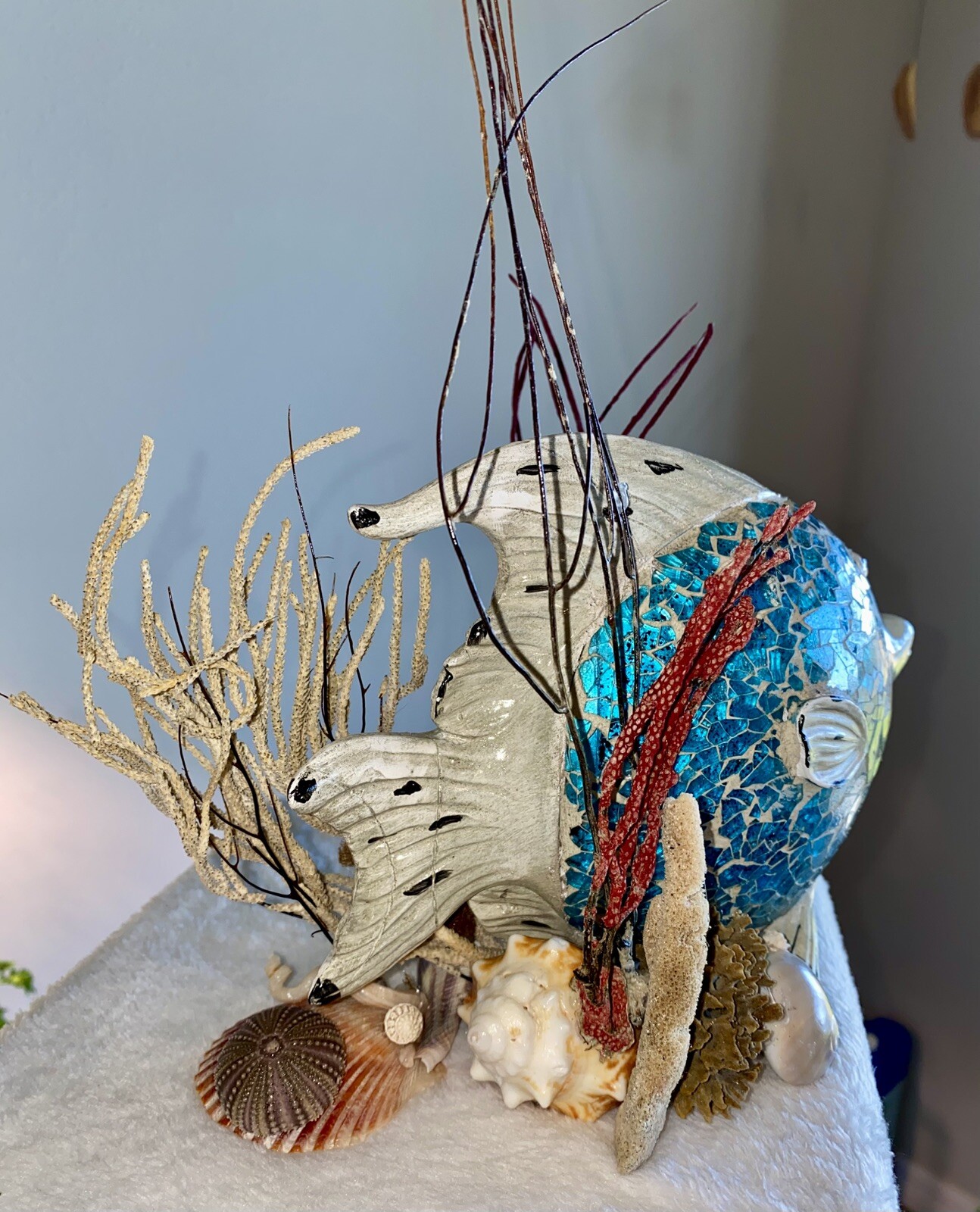 Under The Sea Teal Fish Arrangement, Table Art, Swimming Fish, Seashells