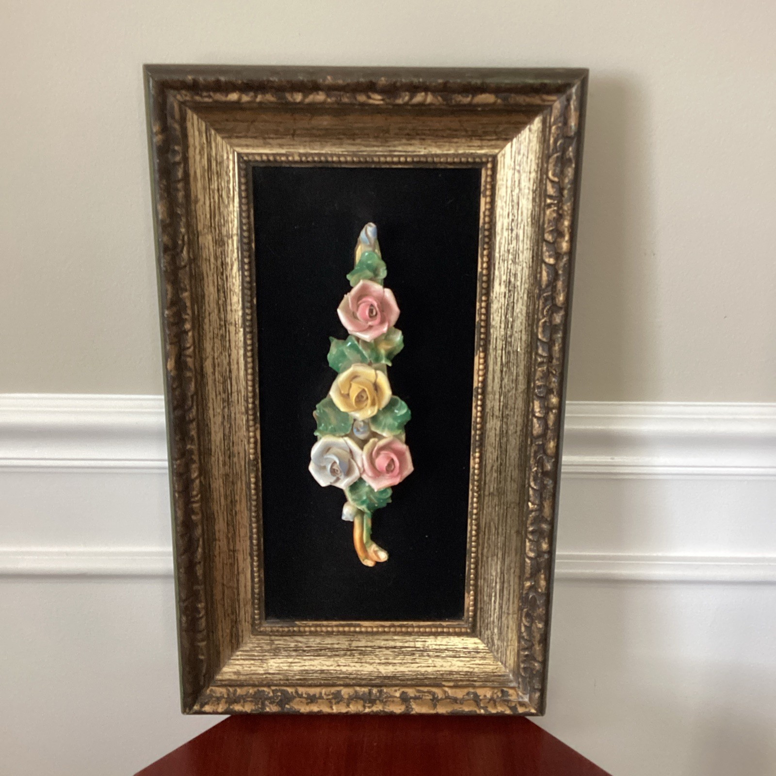 Vintage Capodimonte Italian Porcelain Rose Ornate 3D Framed MCM Art