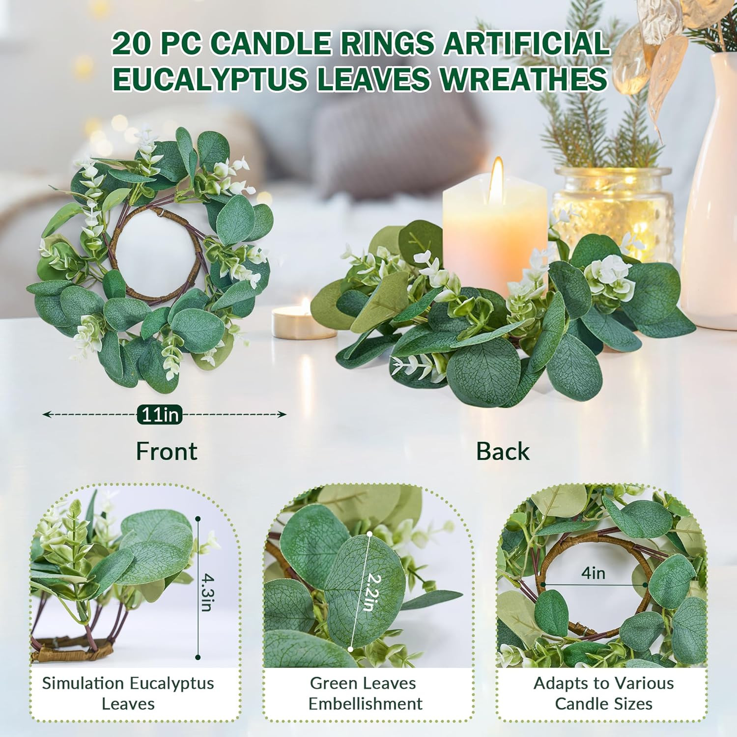 20Pcs Eucalyptus Candle Rings Wreaths, 11″ Greenery Decor for Home & Events