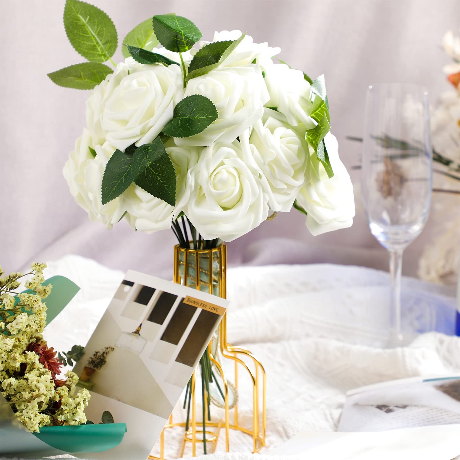 100 PCS Ivory Artificial Foam Rose Flower Faux Bouquet Wedding Table Decor