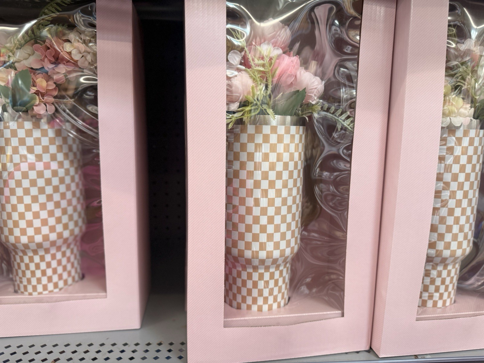 Artificial Pink White Green Flower Arrangement in Checkered Vase Centerpiece