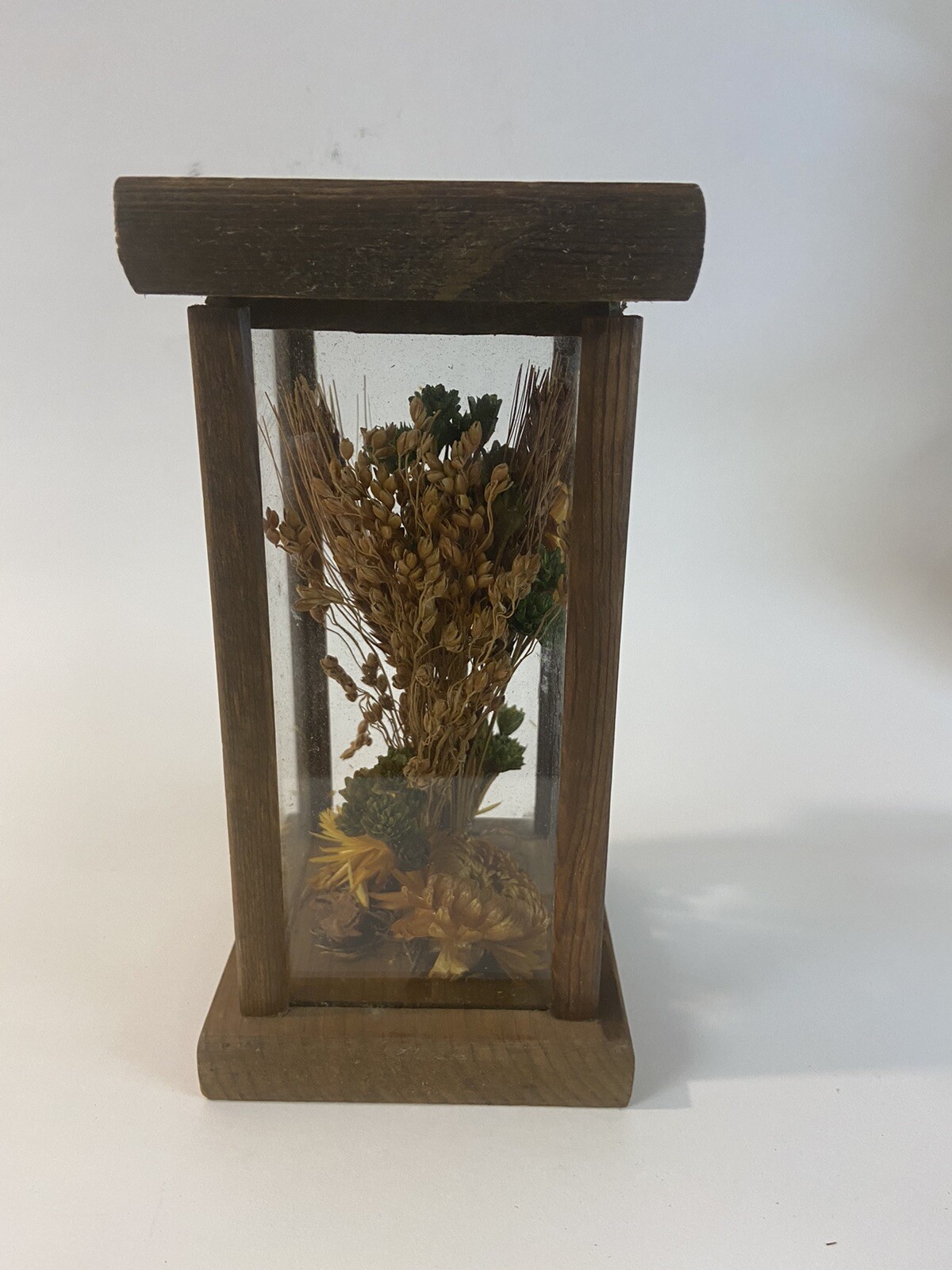 Vintage Dried Flower Glass Box on Wood Base And Top Cottagecore Rustic Country