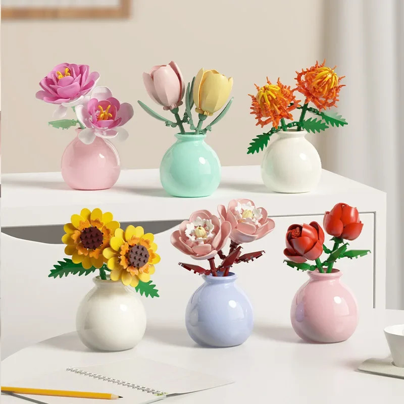 Building Block Flower Bouquet with Pot Rose Lily Desk Ornament Gift