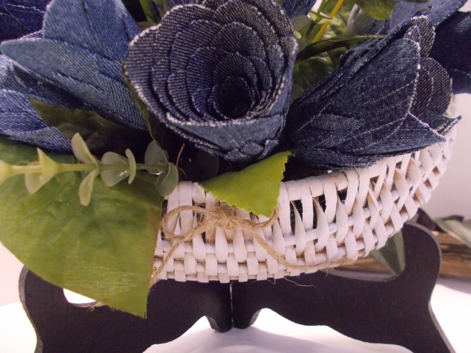 Handcrafted Wall Pocket Basket with 12 Denim Roses – Western Denim Rustic Decor