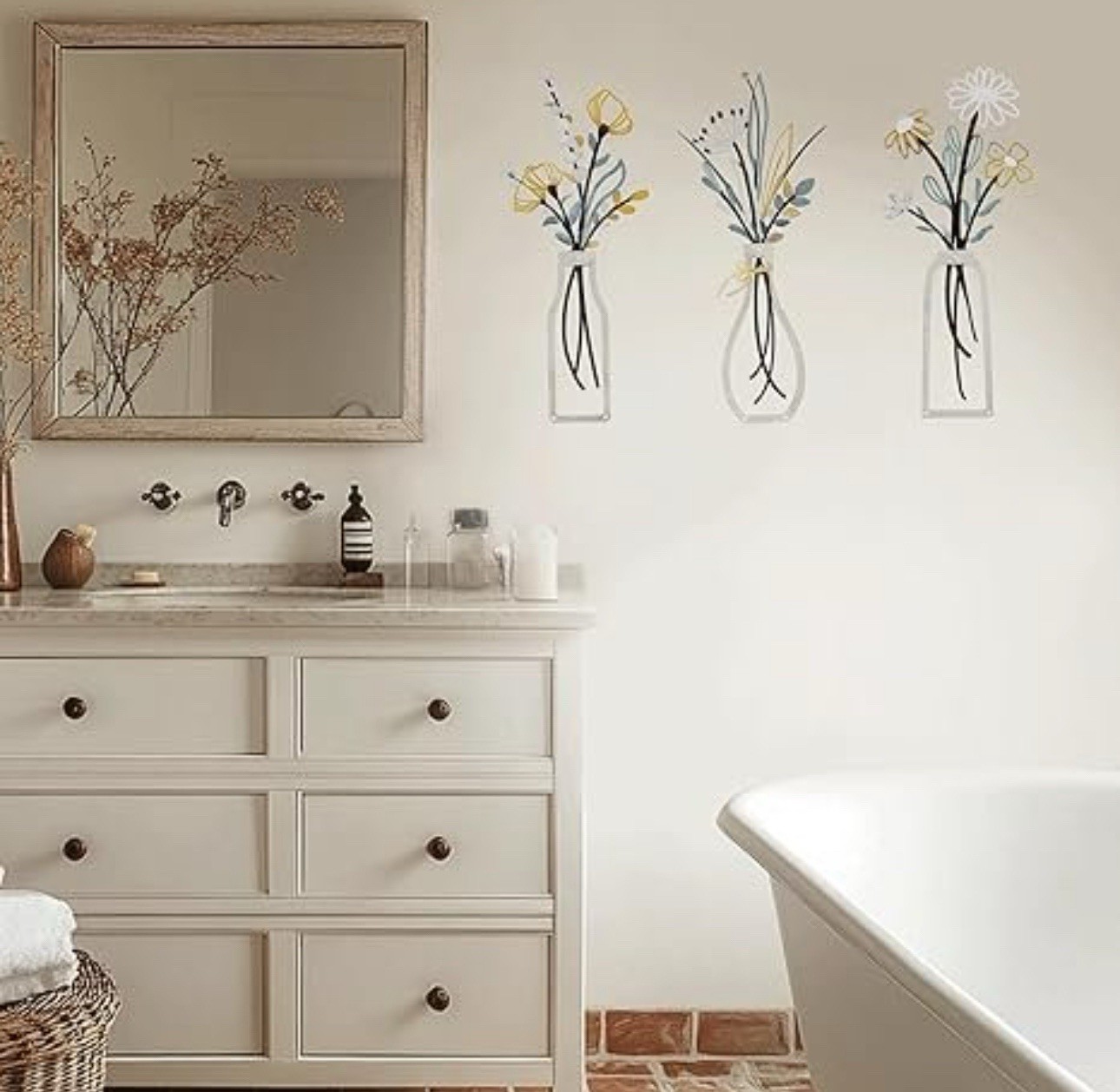 3pcs Metal Flower Wall Decor for Bathroom Living Room Kitchen Bedroom Dining