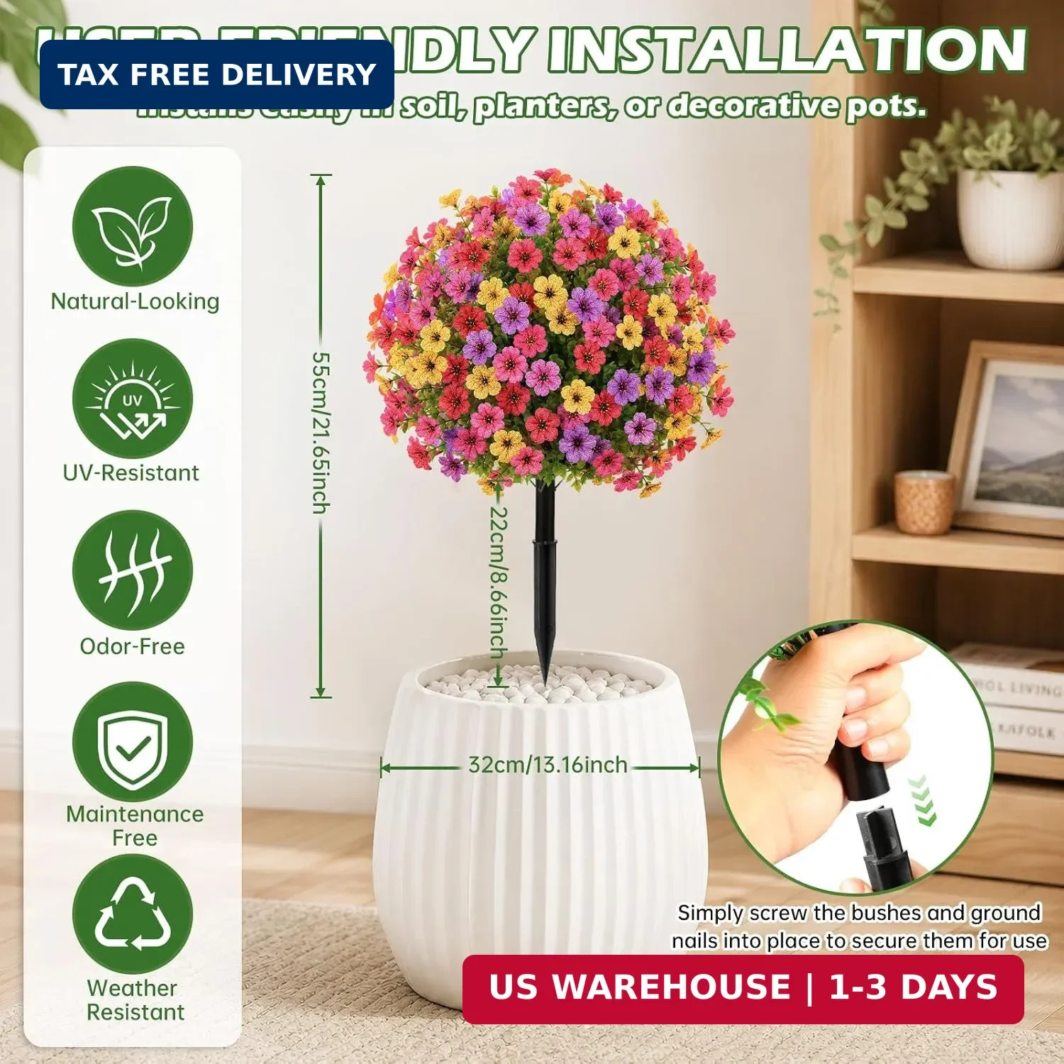 2Pcs 20 Artificial Topiary Ball Flowers for Outdoors Planters, Spring Decoratio