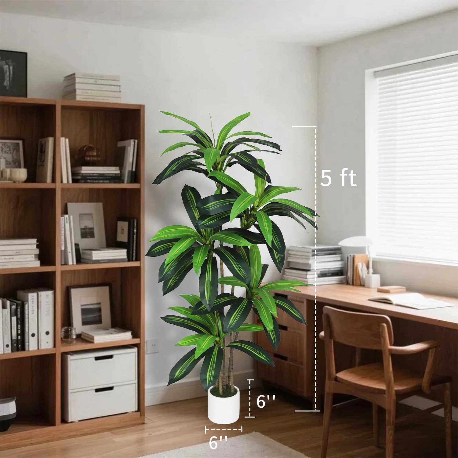 Artificial Dracaena Tree 5FT – Fake Plants with White Planter Faux Yucca Tall