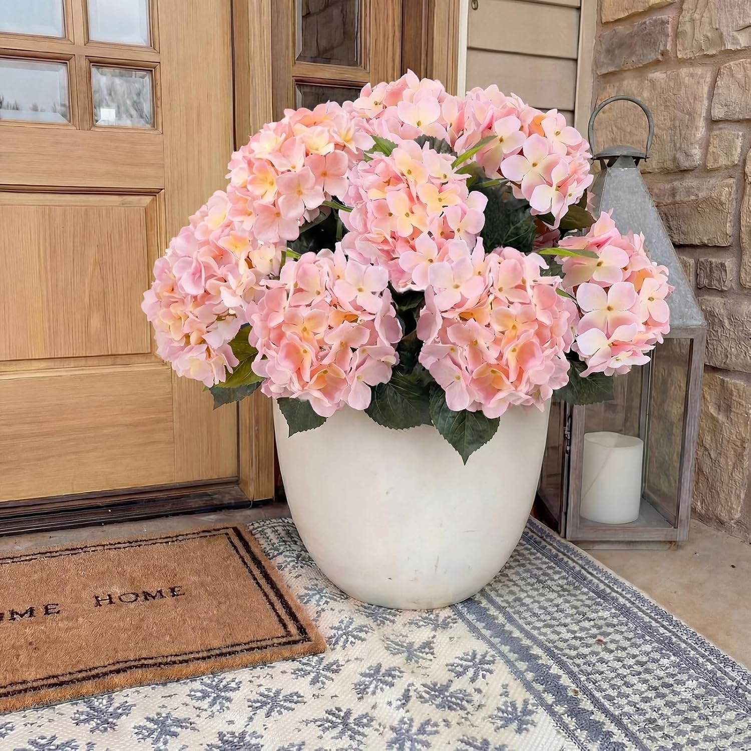 2 Pcs Pink & White Outdoor Artificial Hydrangea Stem Large Faux Hydrangea Bushes