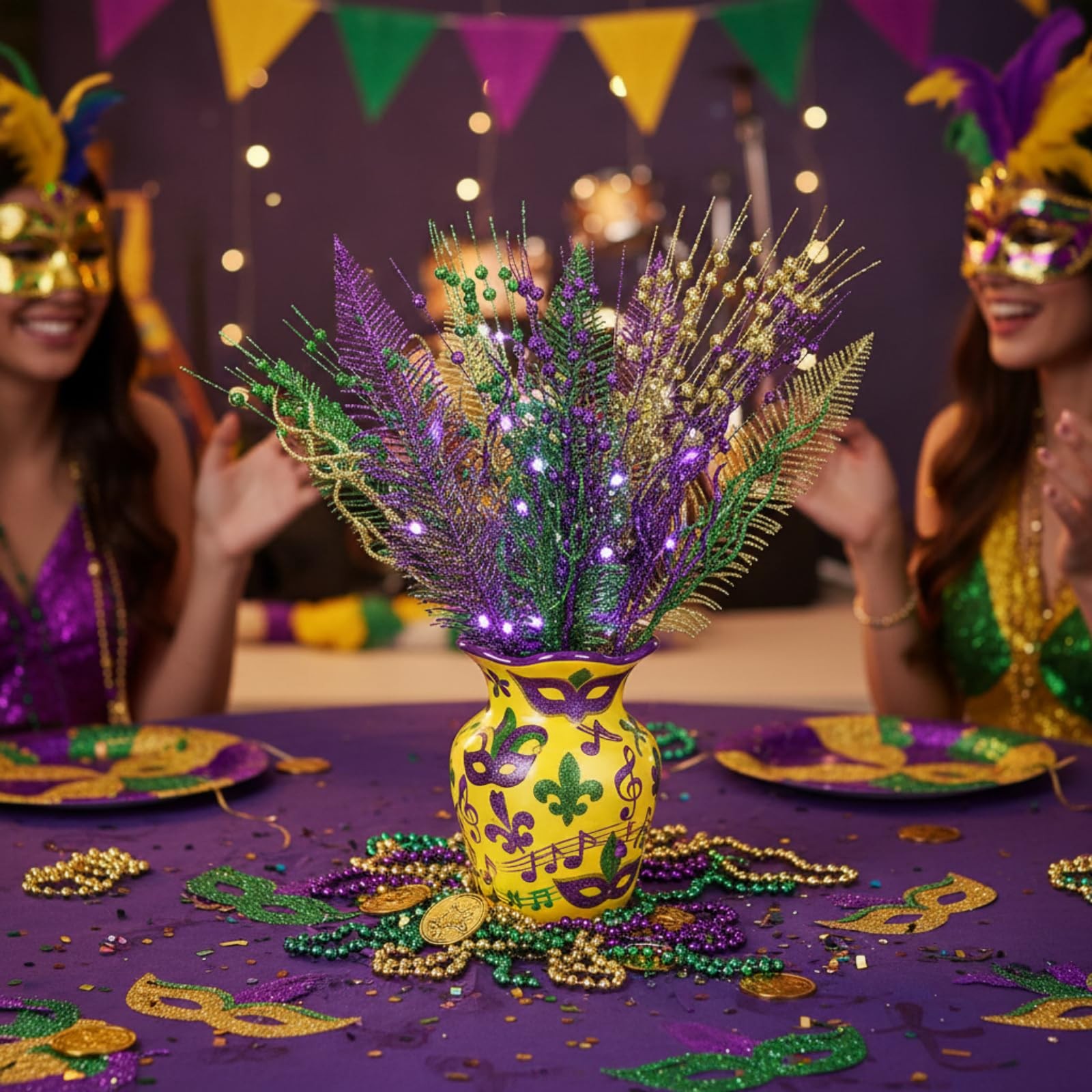 18 Pcs Mardi Gras Glitter Tree Picks Purple Gold Green Centerpiece Table Deco…