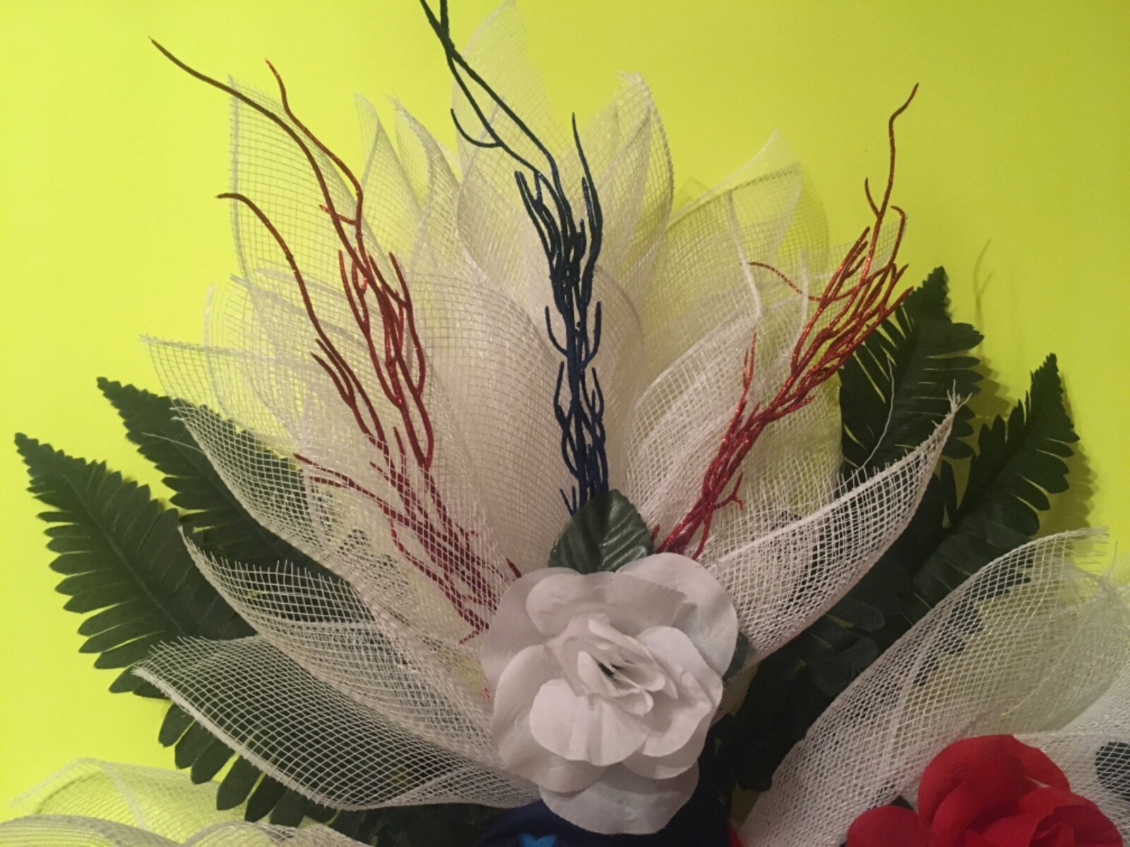 Handcrafted Deluxe Patriotic Deco Mesh Handmade Cross Wreath Wall or Door Decor