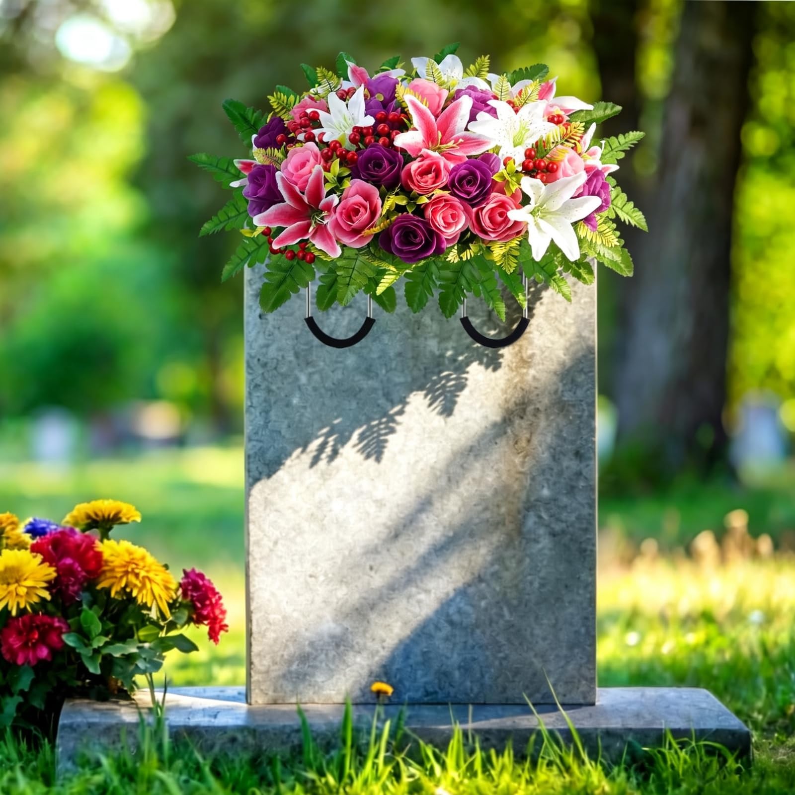 Headstone Flower Saddle Saddle Flowers for Cemetery Headstone Hot Pink Purpl…