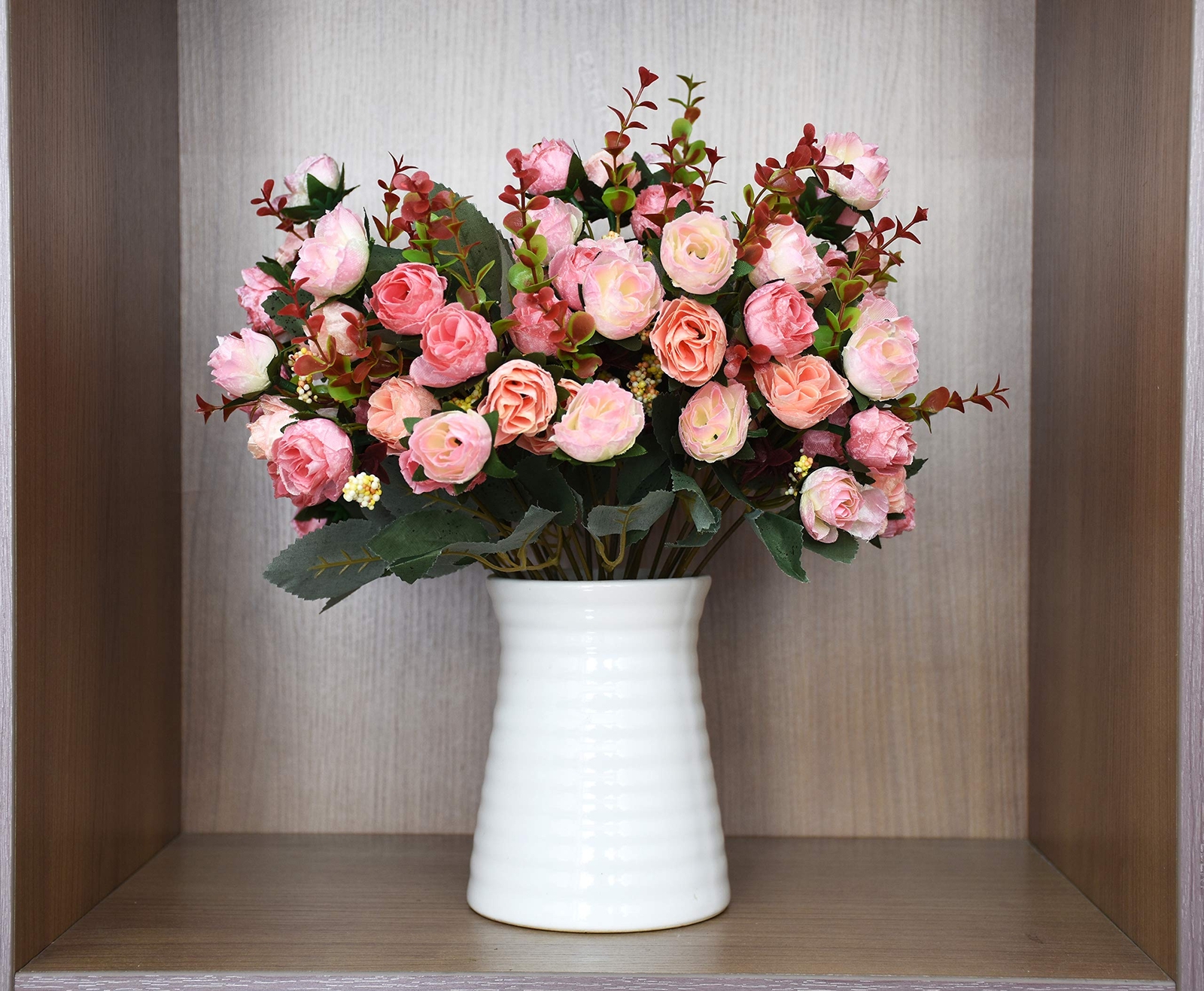 Pink Mini Rose Bouquet 7 Branch 21 Heads Artificial Silk Pack of 4