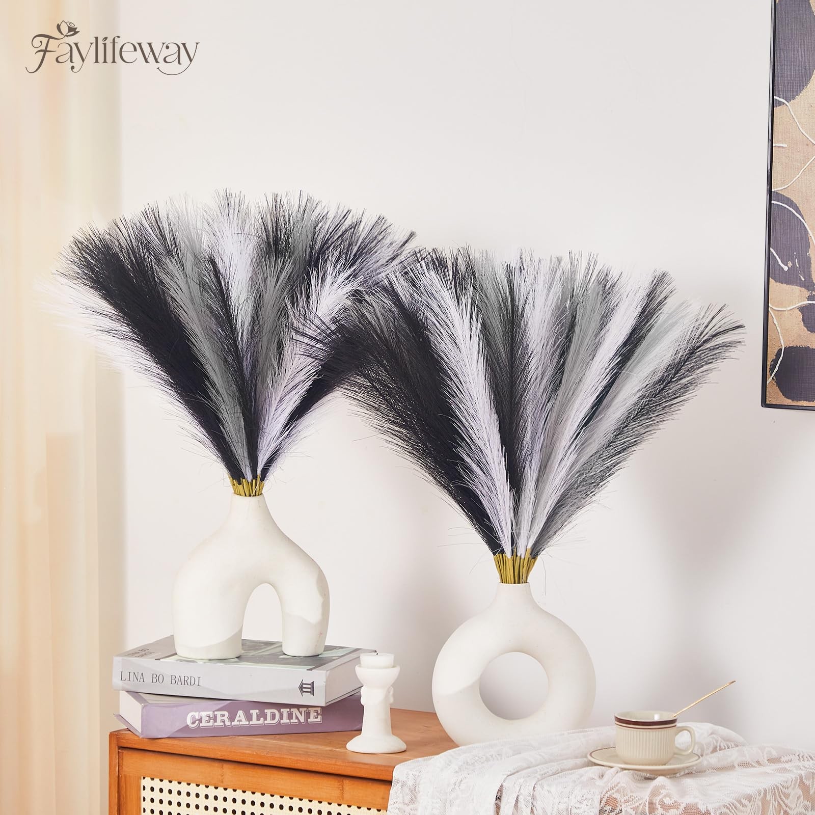 50pcs Pampas Grass 17in, Black and White Pampas Grass Artificial Fluffy Vase …