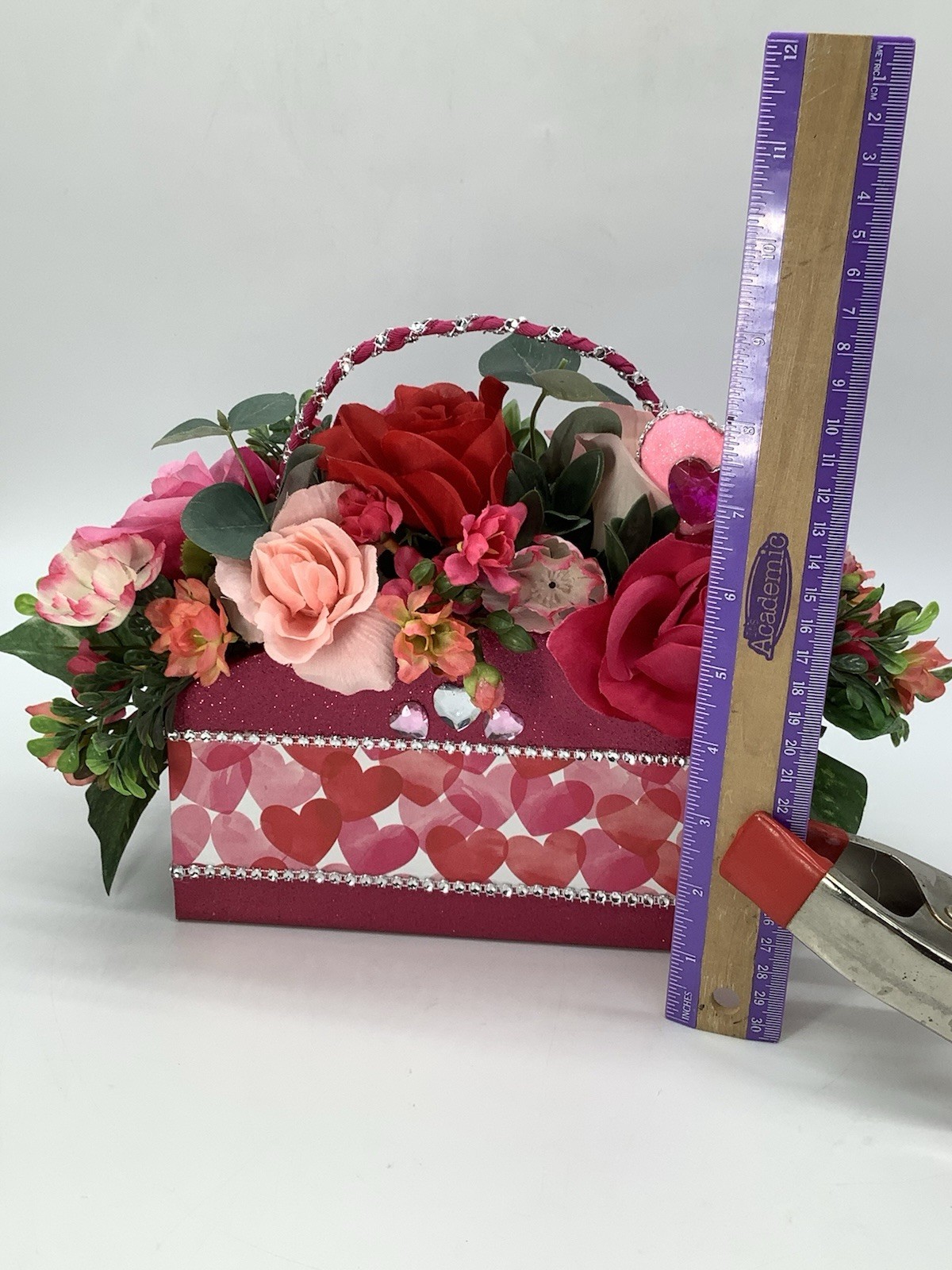 Handmade Valentines Day Pink Red Heart Purse Floral Arrangement Centerpiece